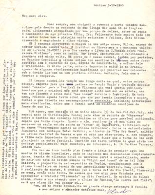Carta de Vladimir Herzog para Alex Viany, 3 out. 1966